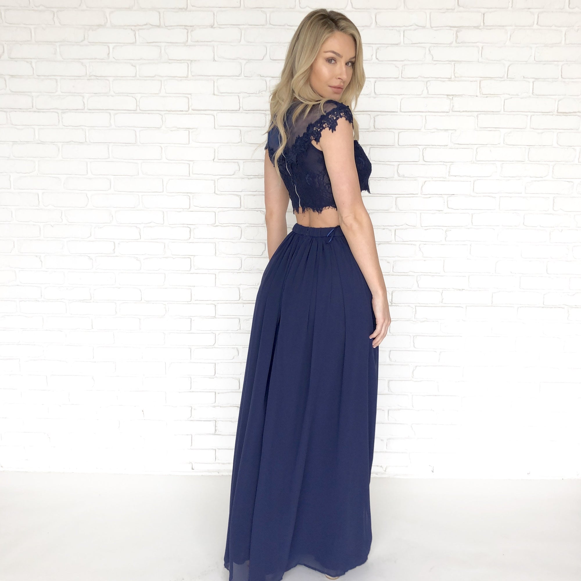 Dance With Me Lace Top & Maxi Skirt Set In Navy Blue - Dainty Hooligan