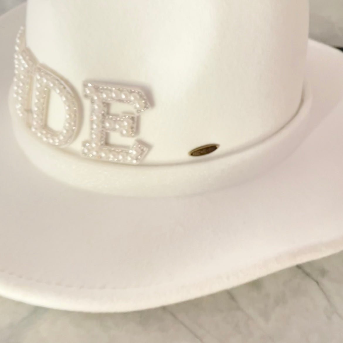 Bride Cowgirl Pearl & Crystal Faux Wool Hat in White