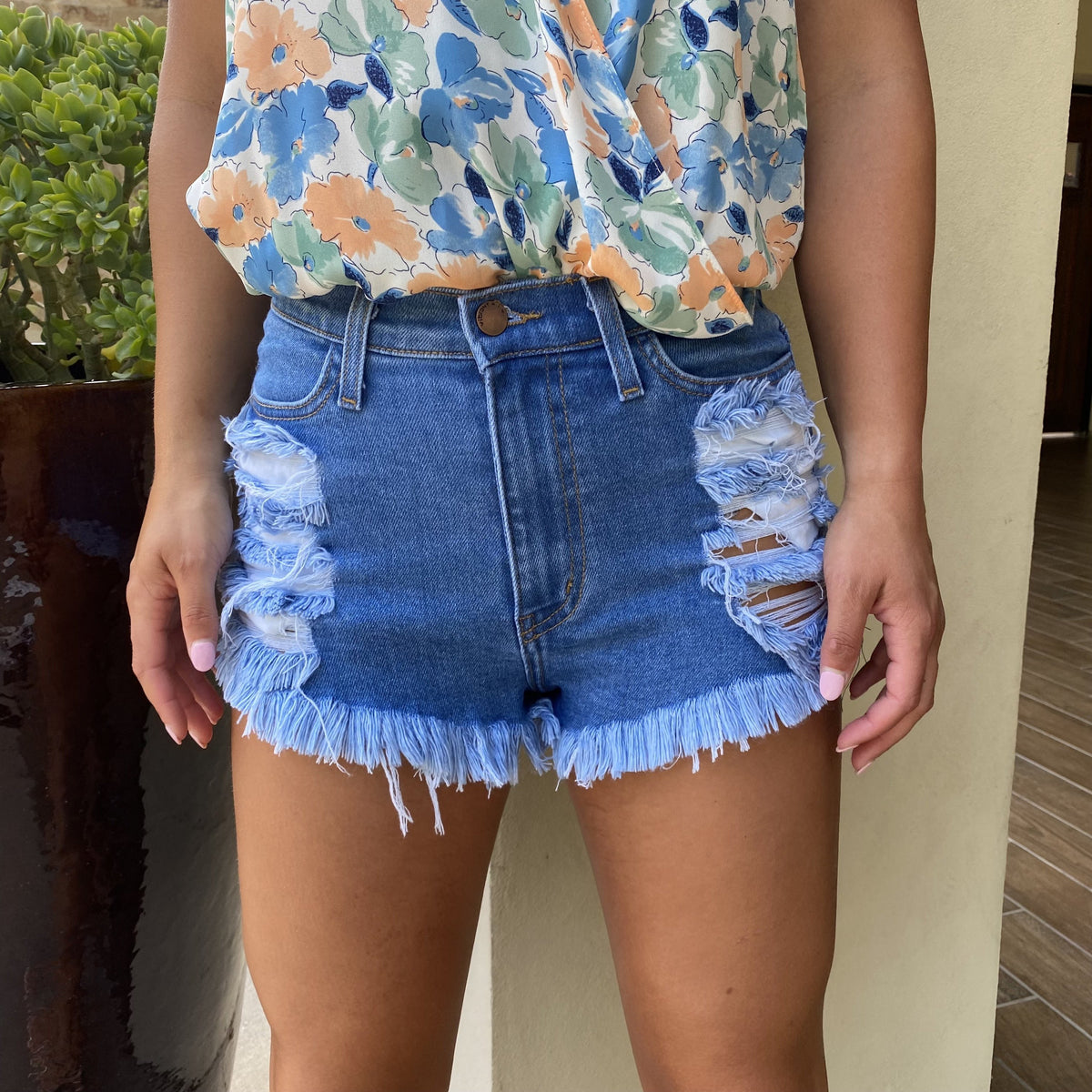 Distressed Blue Denim Shorts - Dainty Hooligan