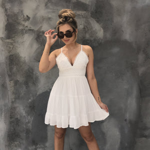 Lace Me Up Linen Skater Dress in Ivory - Dainty Hooligan