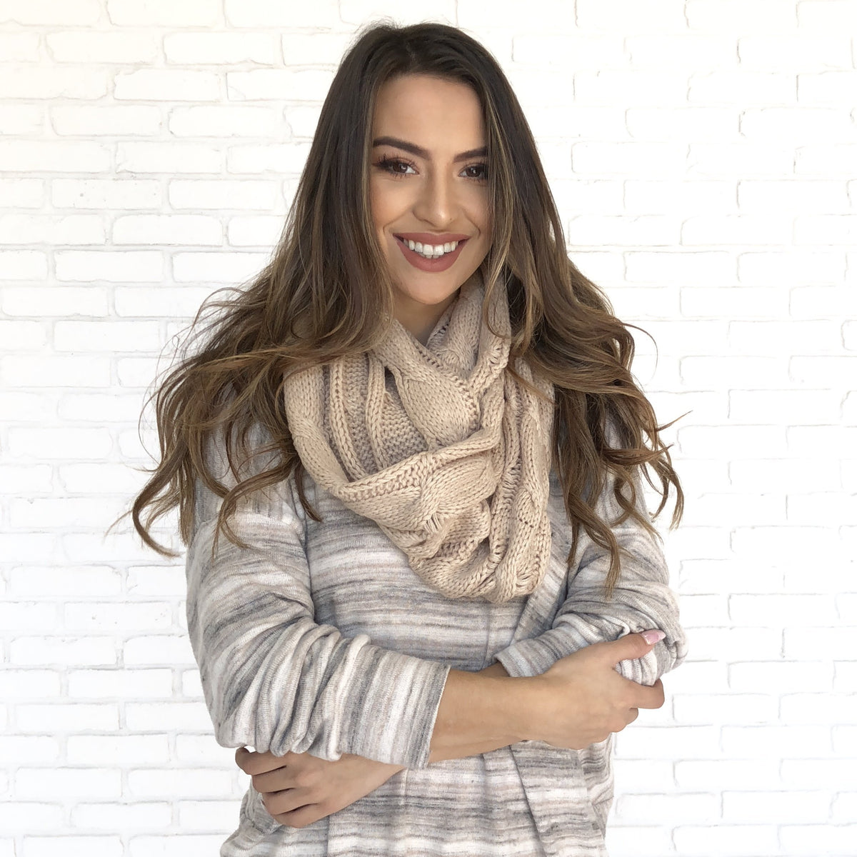 Cozy Knit Infinity Scarf in Taupe - Dainty Hooligan