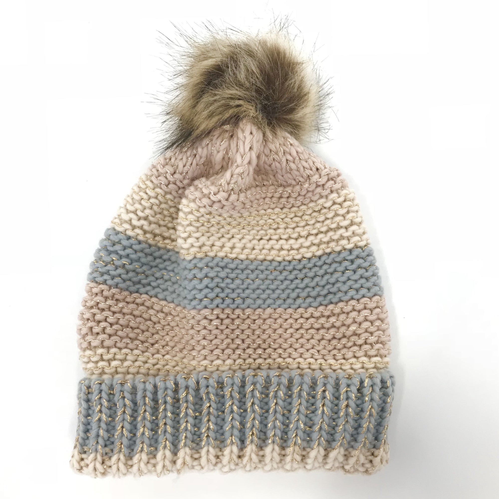 Pastel Striped Knit Beanie Hat with Fur Pom - Dainty Hooligan