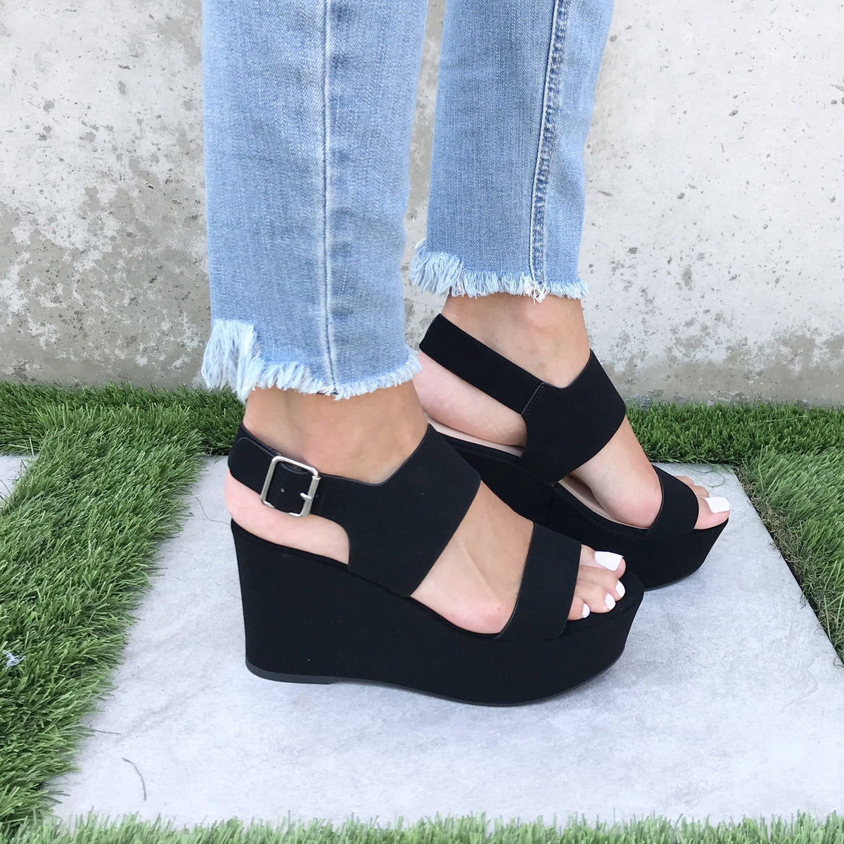 My Girl Platform Open Toe Wedges In Black - Dainty Hooligan