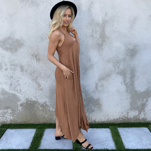 Cognac Zebra Motif Asymmetrical Maxi Dress - Dainty Hooligan