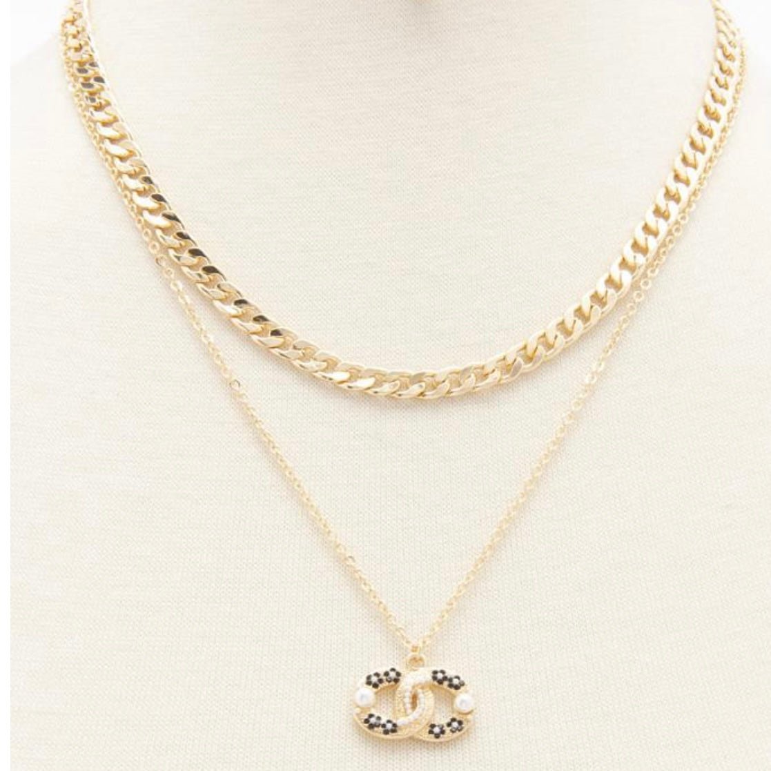 Coco Double Gold Chain Flower & Pearl Necklace Set