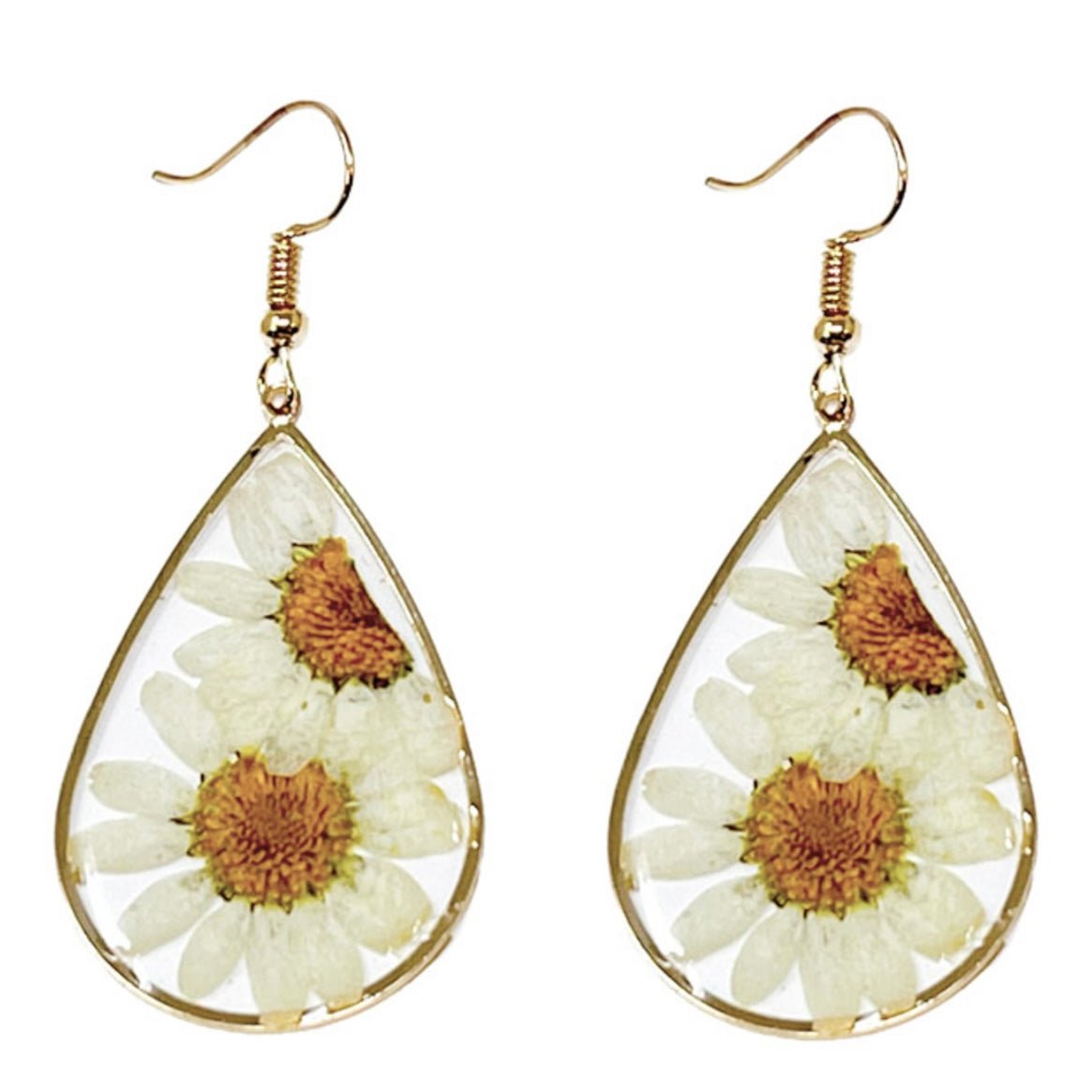 White Pressed Daisy Teardrop Earrings