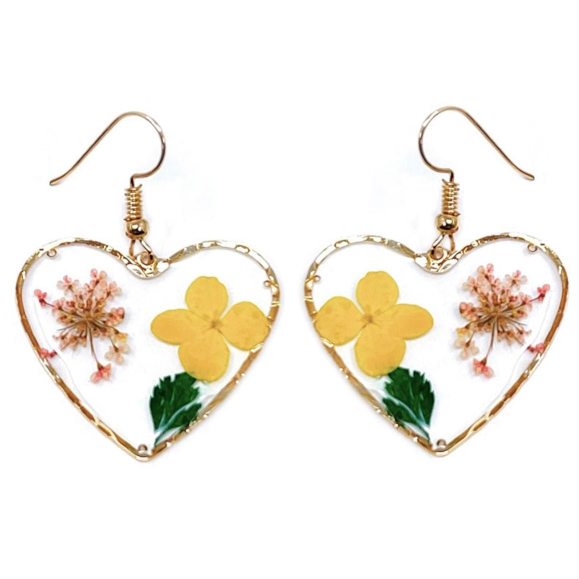 Pressed Flower Field Heart of Gold Earrings