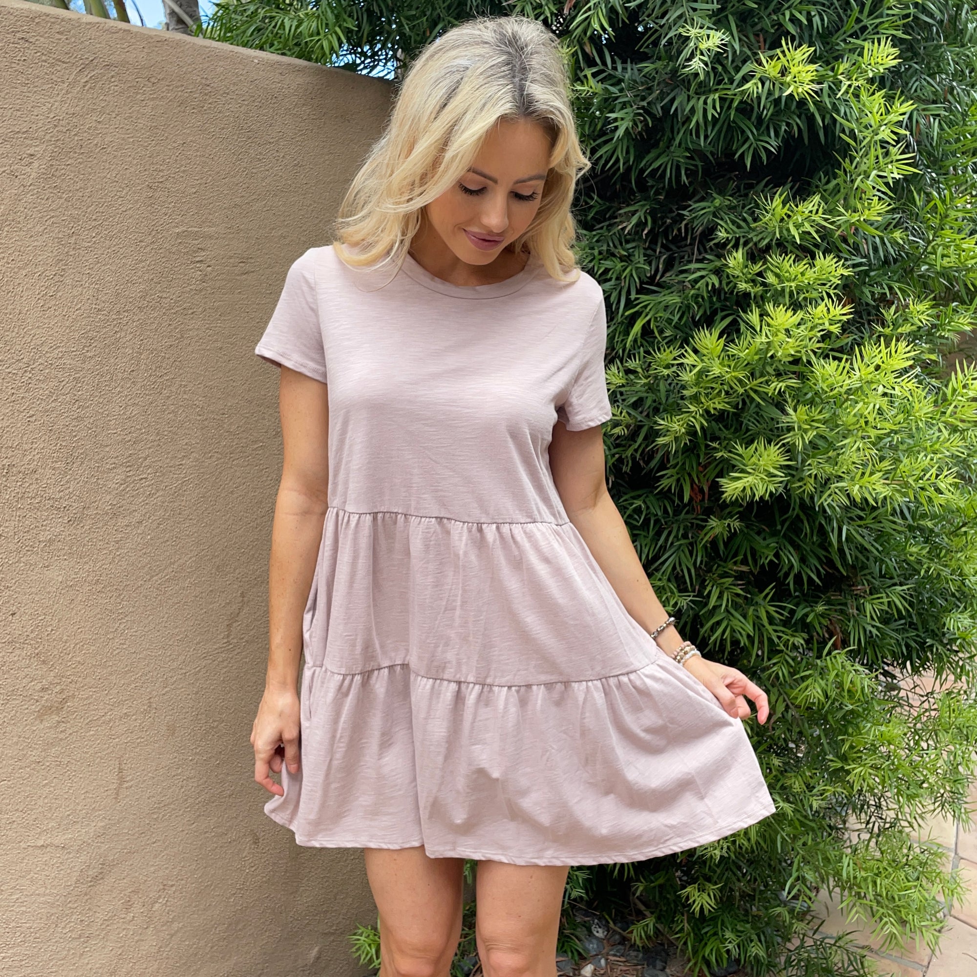Babydoll Tiered T-shirt Dress in Tan Babydoll Tiered T-shirt Dress in Tan
