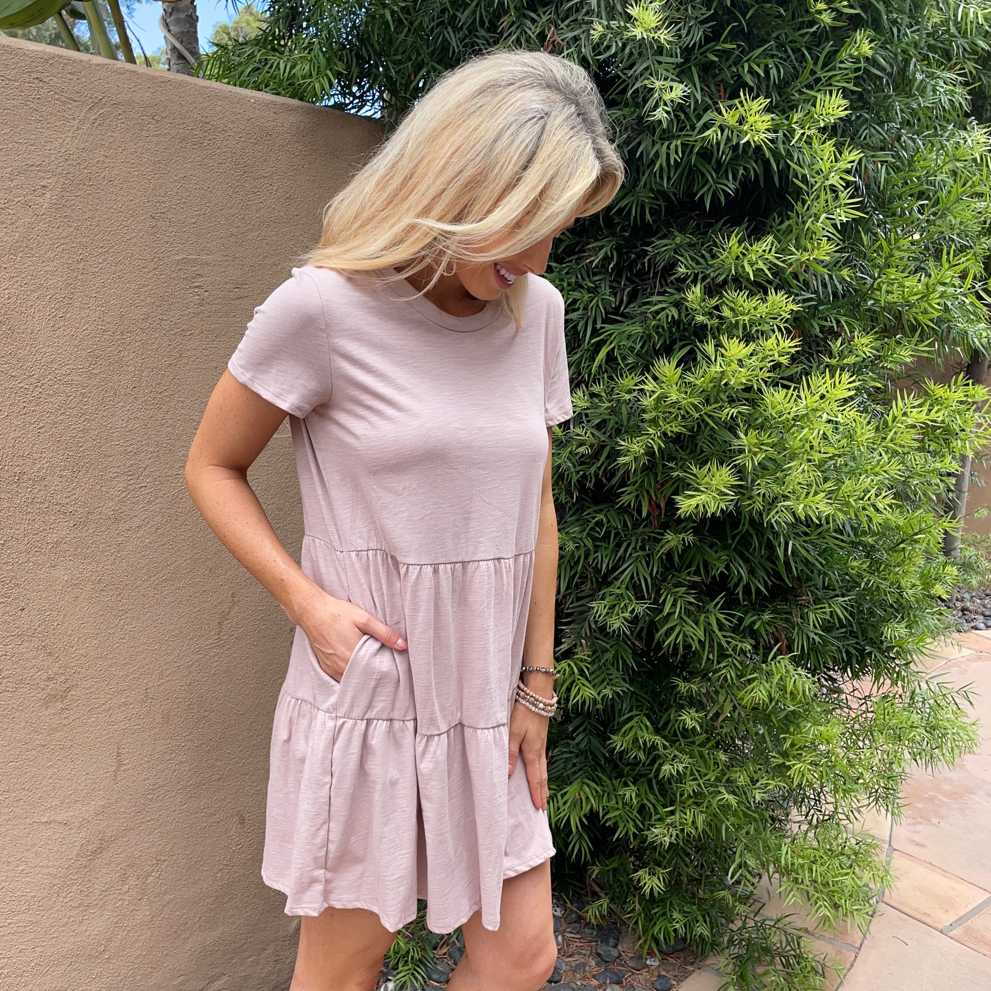 Babydoll Tiered T-shirt Dress in Tan Babydoll Tiered T-shirt Dress in Tan