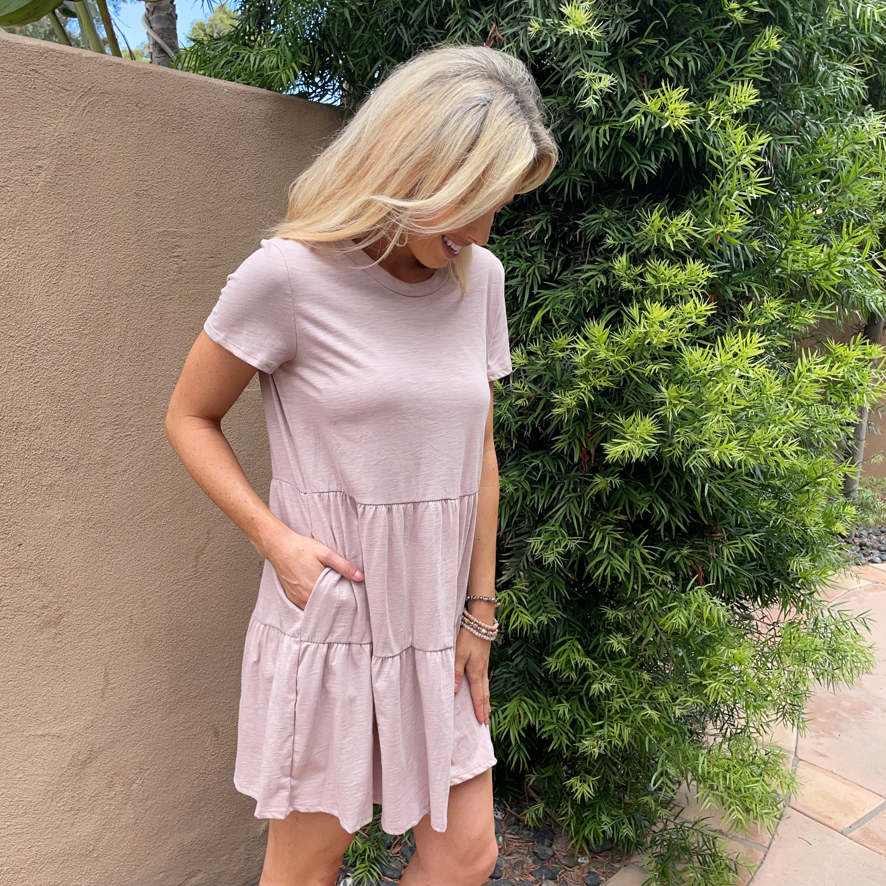 Babydoll Tiered T-shirt Dress in Tan - Dainty Hooligan