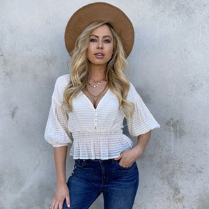 Every Season 3/4 Sleeve Texture Peplum Top in Ivory - Dainty Hooligan