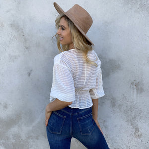 Every Season 3/4 Sleeve Texture Peplum Top in Ivory - Dainty Hooligan