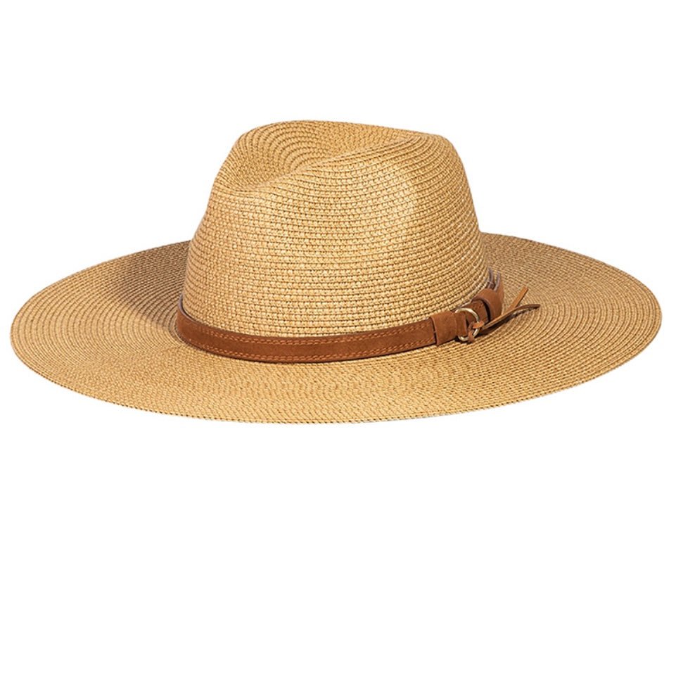 Fedora Straw Brim Hat with Tan Leather Belt