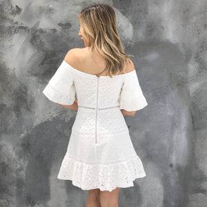 Reunited Love Eyelet Off Shoulder Dress in White - Dainty Hooligan