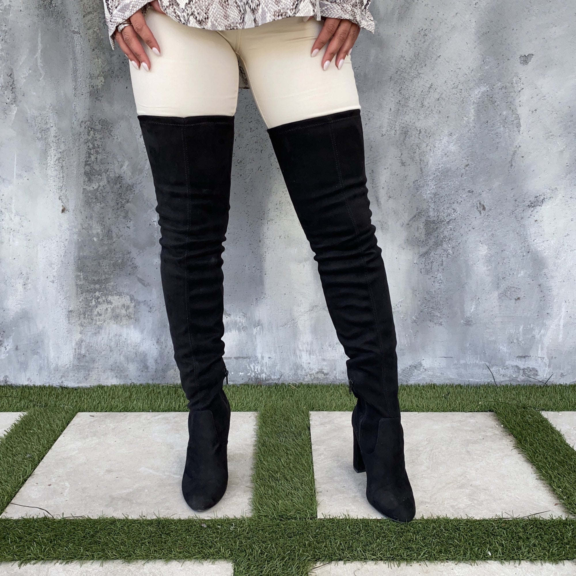 Black Suede Block Heel Thigh High Boots (ST-1179) – Truffle Collection