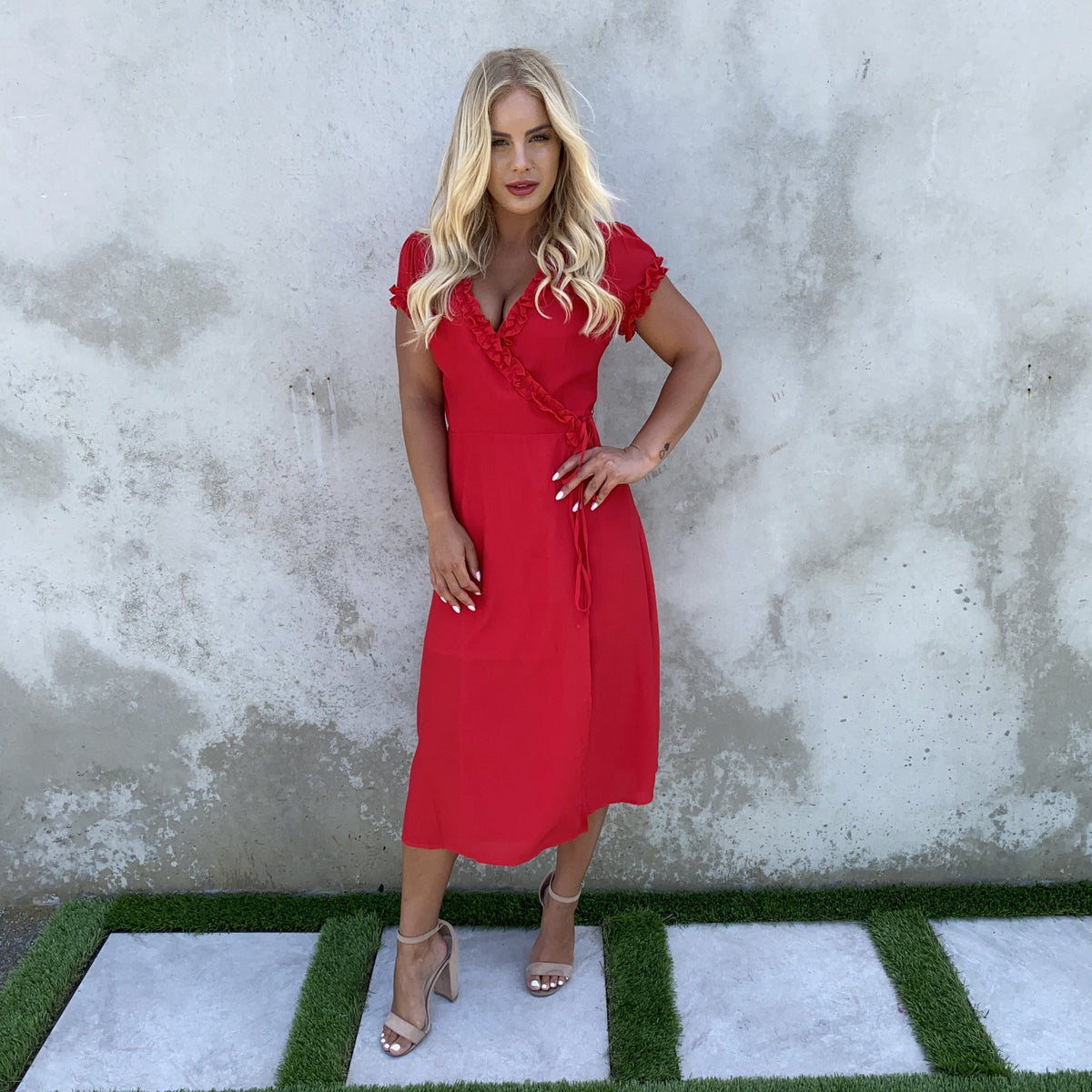 Sweet Fling Ruffle Wrap Dress in Red - Dainty Hooligan