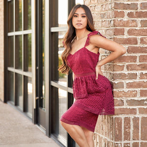 Lace In Love Burgundy Peplum Dress - Dainty Hooligan