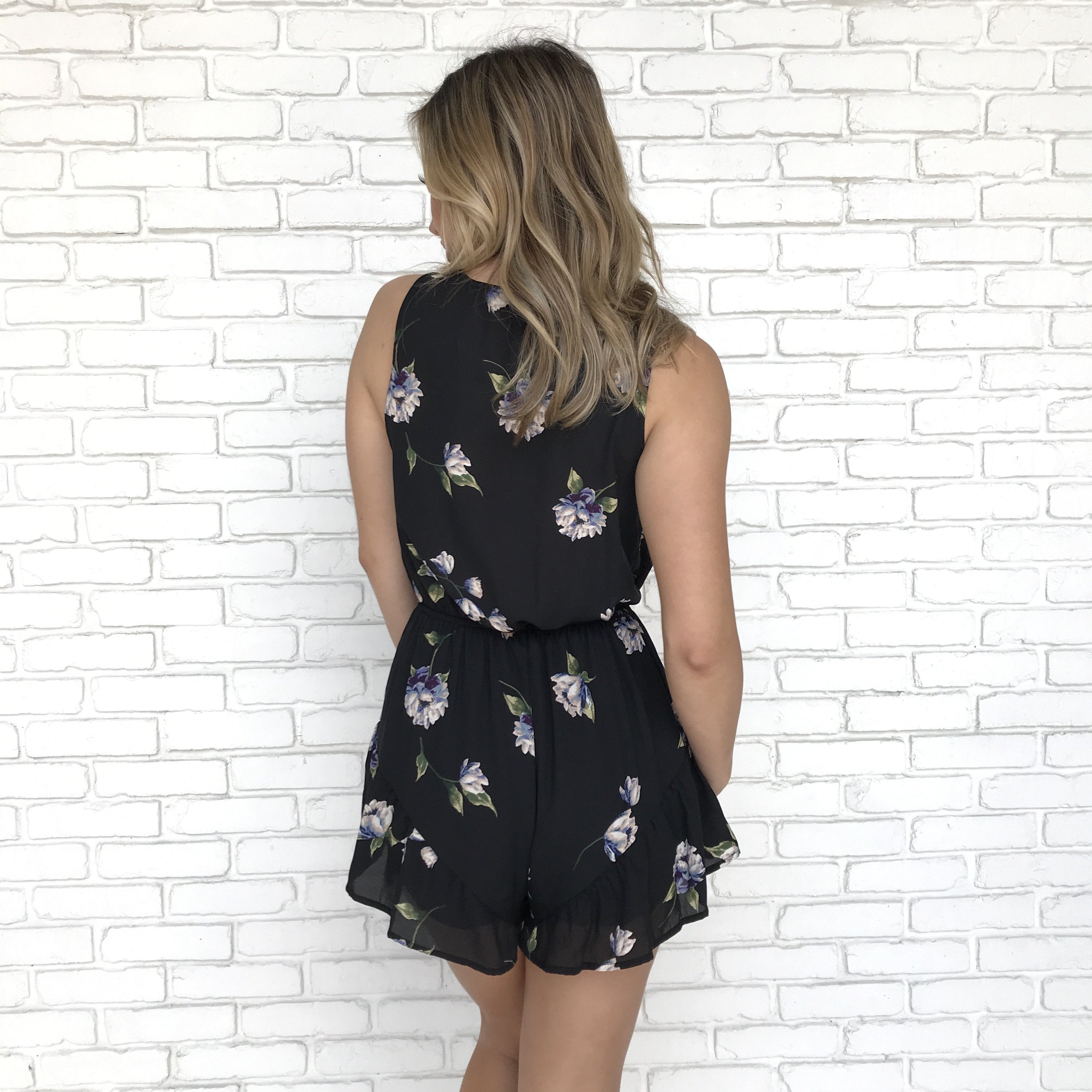 Botanical Rose Floral Romper in Black - Dainty Hooligan